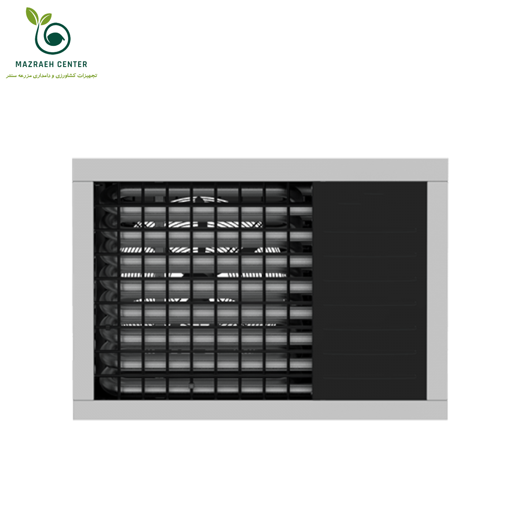 نمای جلویی هیتر گازی انرژی GH0845: نمایش دستگاه با پنل کنترل و فن اکسیال.