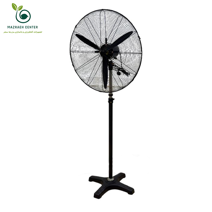 نمای کلی پنکه صنعتی پایه دار مزرعه سنتر، طراحی مستحکم و قدرت هوادهی بالا – مناسب برای سولههای صنعتی، رستورانهای فضای باز و ویلاها.